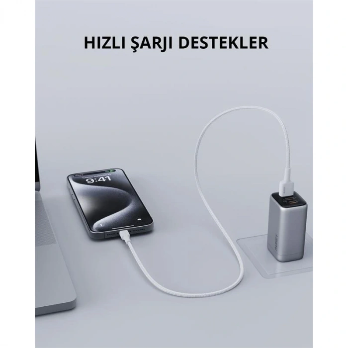 AUKEY CB-BAL7-WH NAYLON ÖRGÜLÜ USB-A LİGHTNİNG KABLOSU 0.9MT