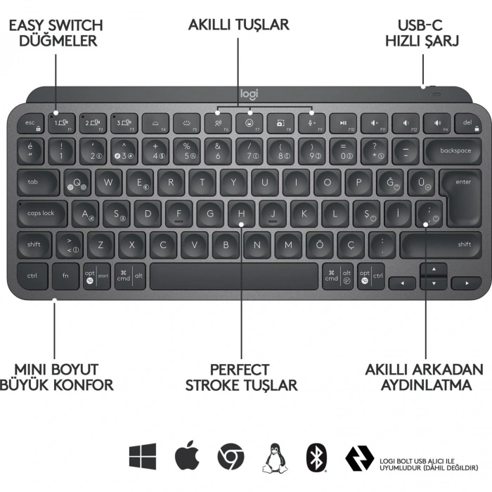 LOGITECH MX KEYS MINI MINIMALIST KABLOSUZ BLUETOOTH AYDINLATMALI Q TR KLAVYE SİYAH 920-010504