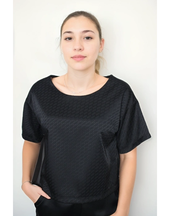 Saten Kumaştan Desenli Crop Sweat