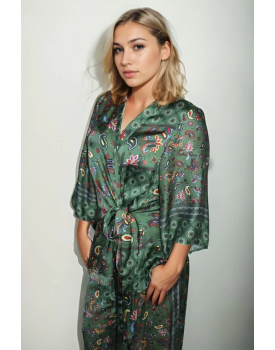 Pamuk Satenden Desenli Bel Bağlama Detaylı Kimono Pantolonlu Takım