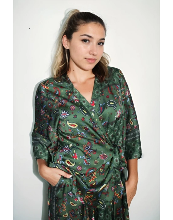 Pamuk Satenden Desenli Bel Bağlama Detaylı Kimono Pantolonlu Takım