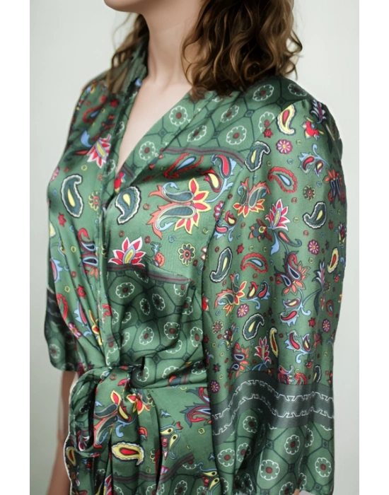 Pamuk Satenden Desenli Bel Bağlama Detaylı Kimono Pantolonlu Takım