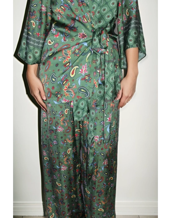 Pamuk Satenden Desenli Kimono Pantolon