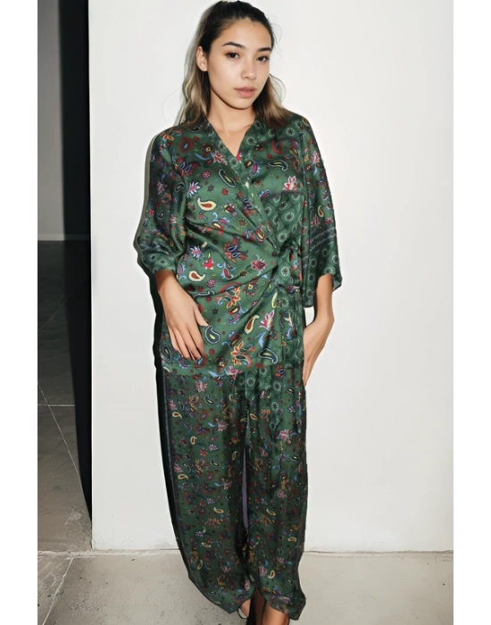 Pamuk Satenden Desenli Kimono Pantolon