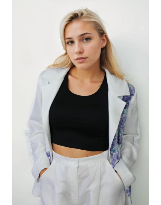 Beyaz ve Desenli Kombin İpek Keten Ceket