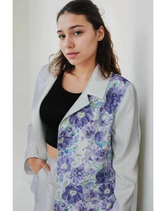 Beyaz ve Desenli Kombin İpek Keten Ceket