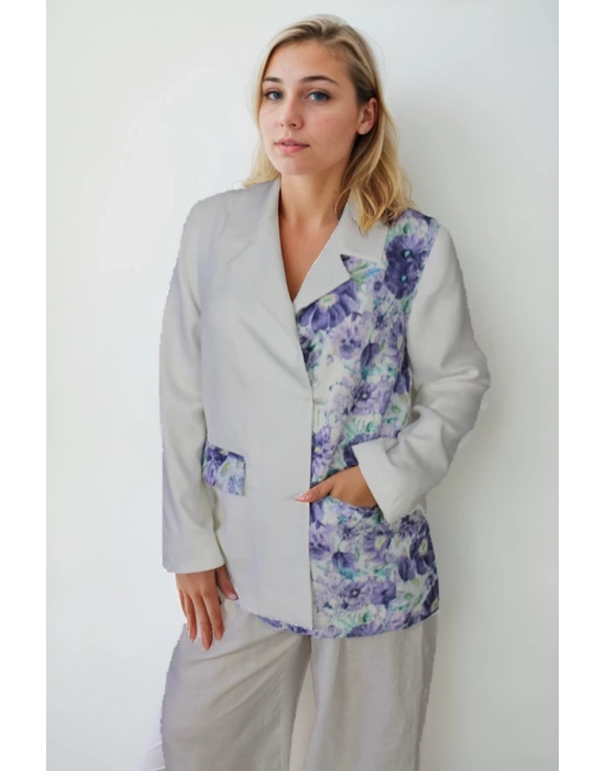Beyaz ve Desenli Kombin İpek Keten Ceket