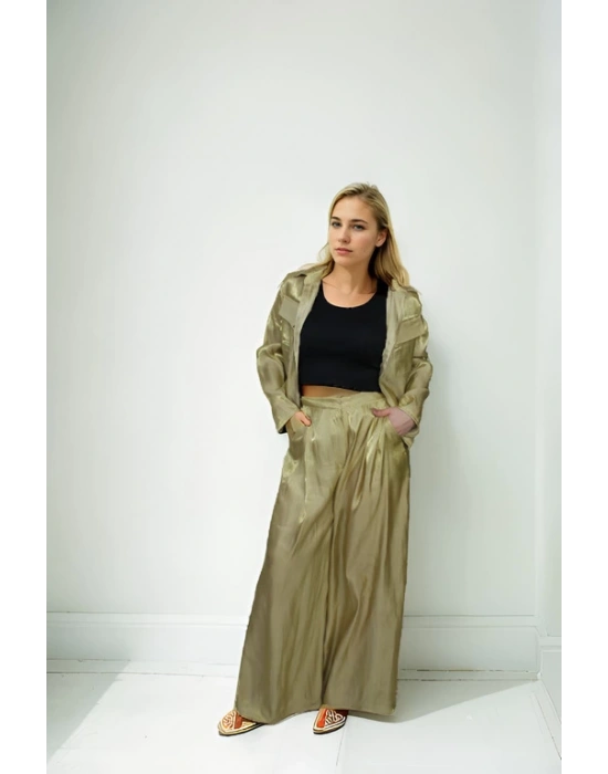 İpek Şifon Kumaş Yeşil Pantolon
