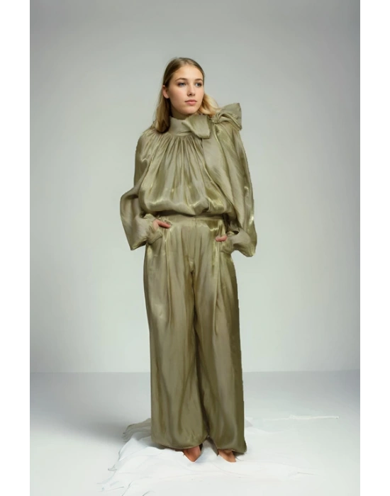 İpek Şifon Kumaş Yeşil Takım