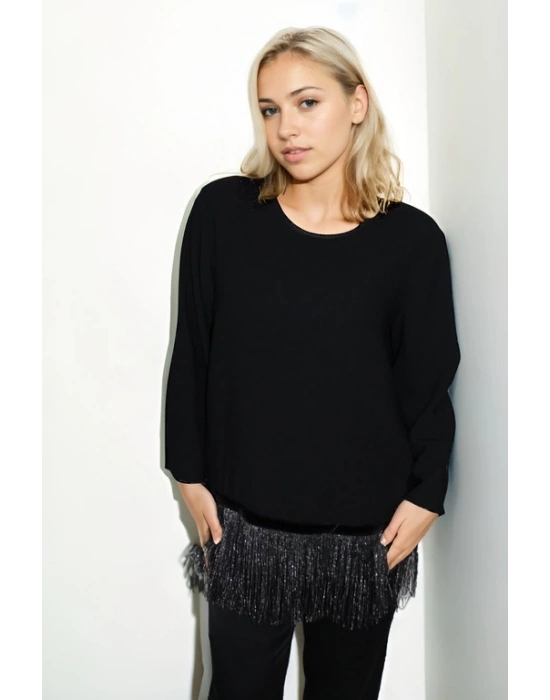 Krep Kumaştan Sim Detaylı Saçaklı Sweat