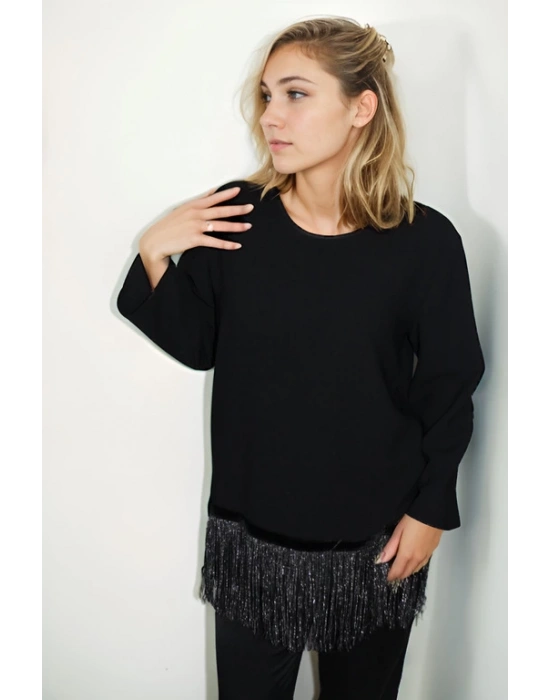 Krep Kumaştan Sim Detaylı Saçaklı Sweat