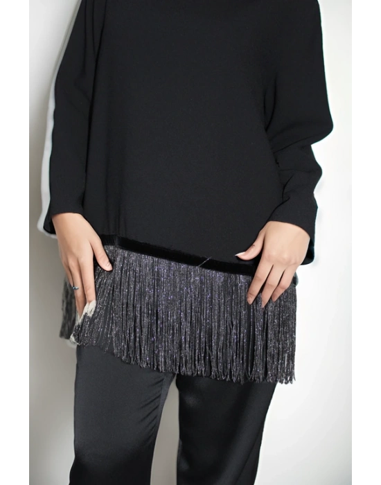 Krep Kumaştan Sim Detaylı Saçaklı Sweat