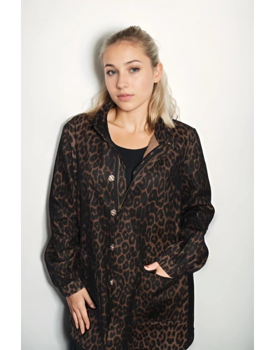 Leopar Desenli Denim Kumaş Ceket