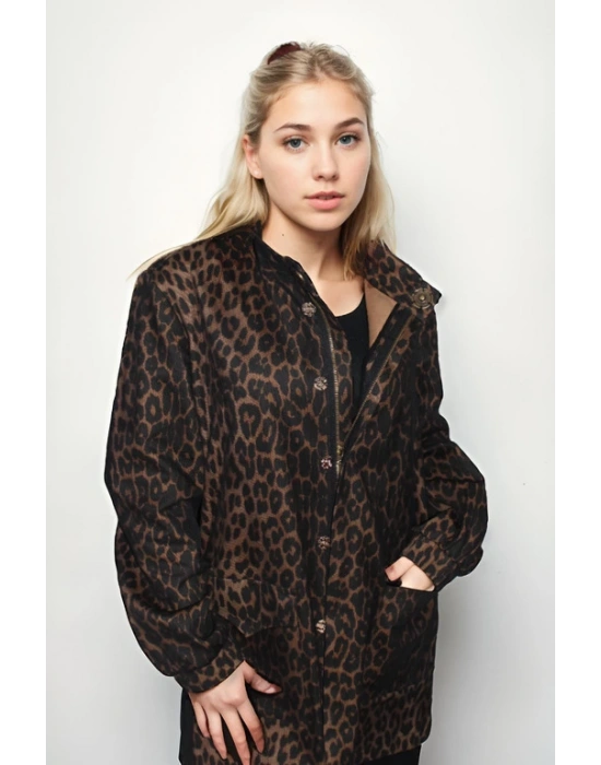 Leopar Desenli Denim Kumaş Ceket