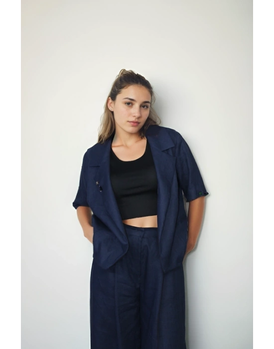 Pamuklu Ham Keten Lacivert Pantolon Yelek Ceket