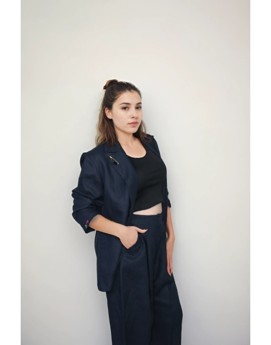 Pamuklu Ham Keten Lacivert Pantolon Yelek Ceket