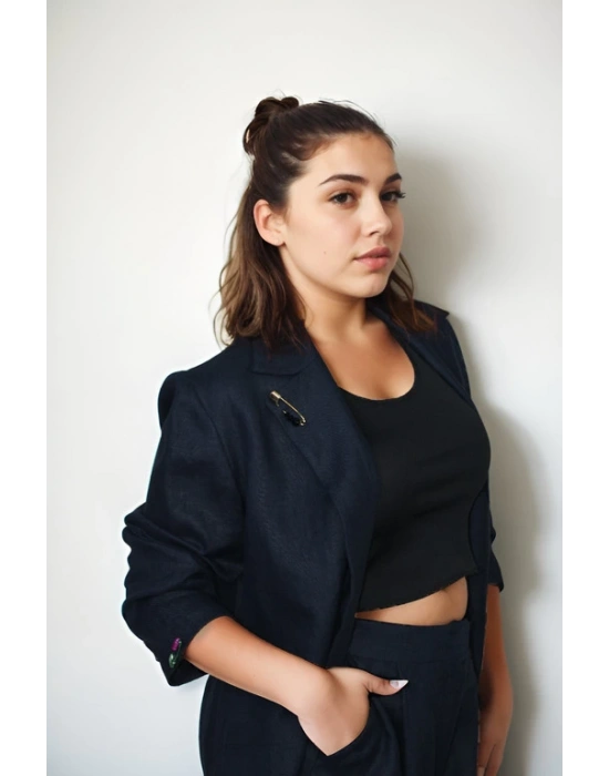 Pamuklu Ham Keten Lacivert Pantolon Yelek Ceket