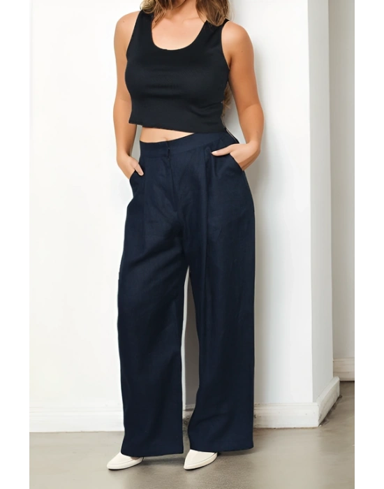 Pamuklu Ham Keten Lacivert Pantolon Yelek Ceket