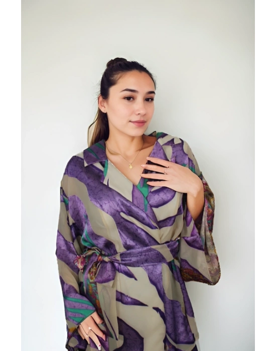 Saten Şifon Karışım Desenli Kimono Ceket