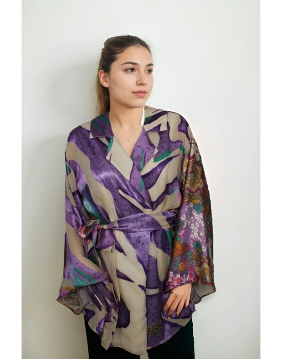 Saten Şifon Karışım Desenli Kimono Ceket