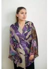 Saten Şifon Karışım Desenli Kimono Ceket