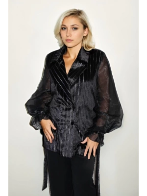 Simli Kadife Kumaştan Organze Kol Detaylı Ceket