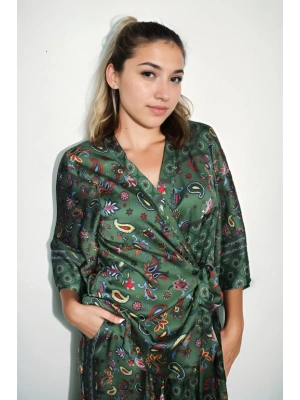 Pamuk Satenden Desenli Bel Bağlama Detaylı Kimono Pantolonlu Takım