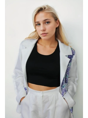 Beyaz ve Desenli Kombin İpek Keten Ceket