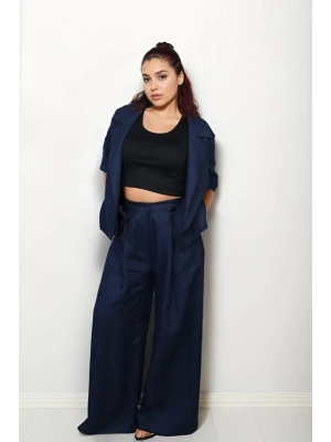 Pamuklu Ham Keten Lacivert Pantolon Yelek Ceket