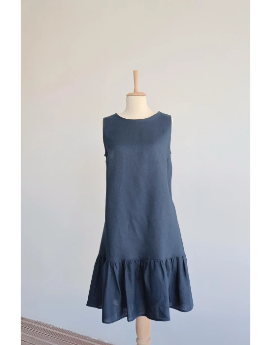 Volan Detaylı Keten Elbise