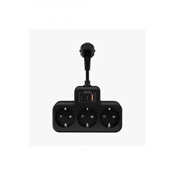 Çoklu Kablolu Priz Yüksek Gerilim Korumalı 3’lü Priz 1x Usb 2x Type-c Çıkışlı Grup Priz Çoğaltıcı Siyah