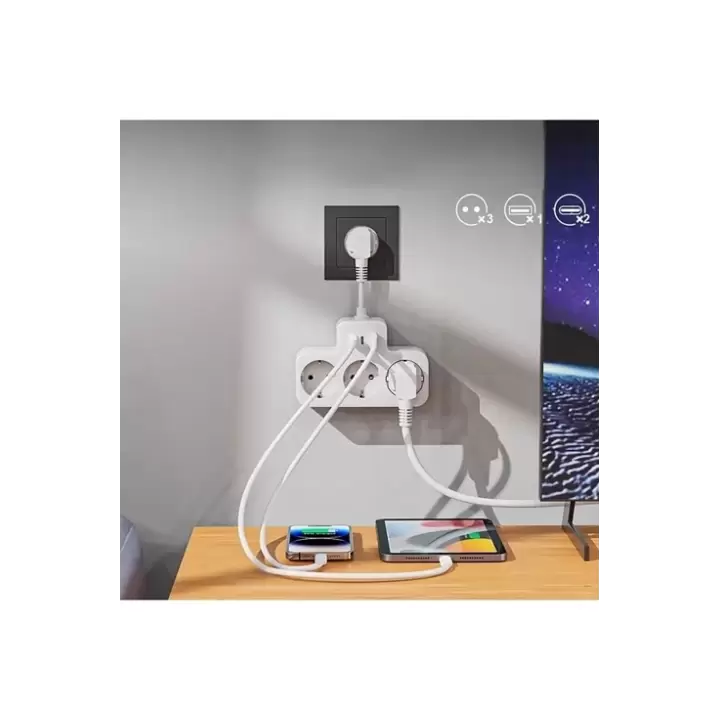Çoklu Kablolu Priz Yüksek Gerilim Korumalı 3’lü Priz 1x Usb 2x Type-c Çıkışlı Grup Priz Çoğaltıcı Beyaz