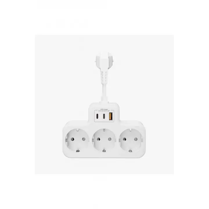 Çoklu Kablolu Priz Yüksek Gerilim Korumalı 3’lü Priz 1x Usb 2x Type-c Çıkışlı Grup Priz Çoğaltıcı Beyaz