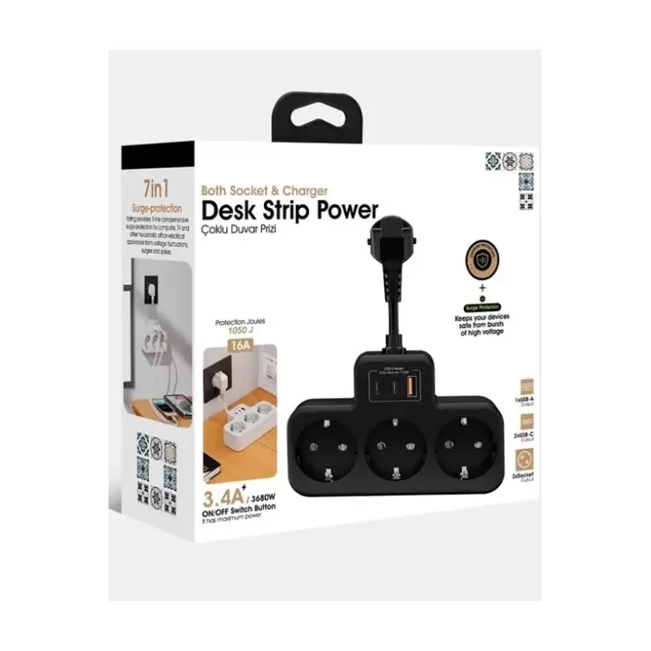 Çoklu Kablolu Priz Yüksek Gerilim Korumalı 3’lü Priz 1x Usb 2x Type-c Çıkışlı Grup Priz Çoğaltıcı Beyaz