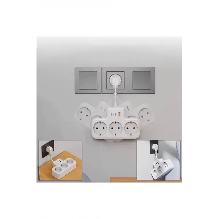 Çoklu Kablolu Priz Yüksek Gerilim Korumalı 3’lü Priz 1x Usb 2x Type-c Çıkışlı Grup Priz Çoğaltıcı Beyaz