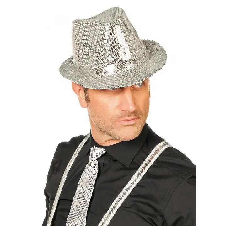 Disko  Gümüş Payetli Fötr Şapka Yetişkin Boy