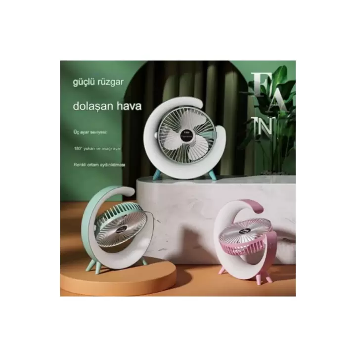 Masaüstü Vantilatör Usb Şarjlı Rgb Led Işıklı 3 Kademeli 180° Ayarlanabilir Soğutucu Fan Mavi