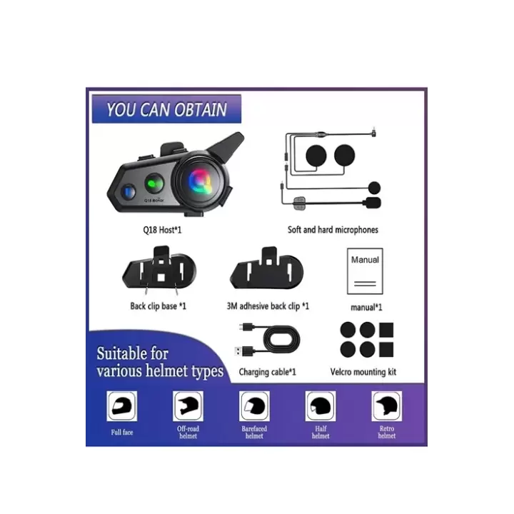 Q18 Motosiklet Kask Kulaklık Intercom Işıklı 2 Eşleşme Özellikli 1000 Mah