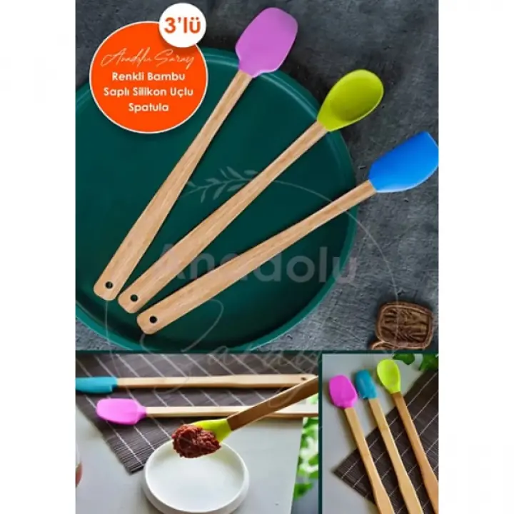 Silikon Uçlu Isıya Dayanıklı Bambu Spatula 3lü Set