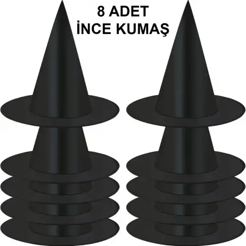 8 Adet Siyah Cadı Şapkası – Yetişkin  Çocuk Kostüm Aksesuarı