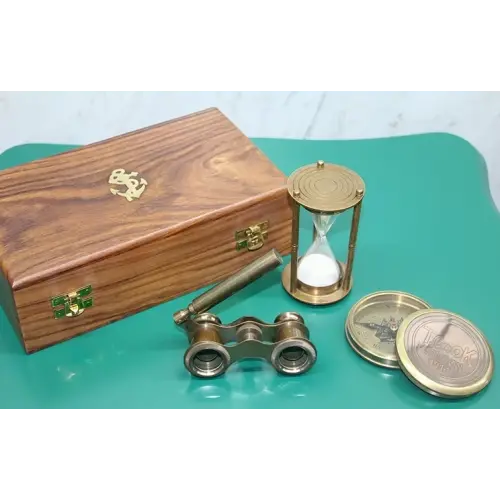 Ahşap Kutulu Pirinç Pusula,kumsaati,dürbün Seti 15682