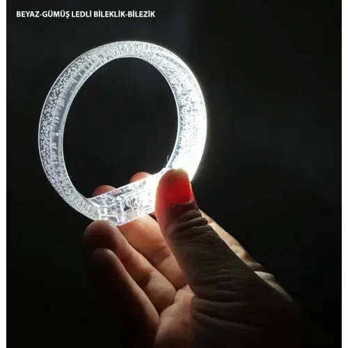 Beyaz-gümüş Led Işıklı Baskı Yapılabilen Pilli Bileklik Bilezik 1,5 Cm Genişlik