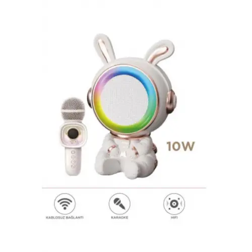 Taşınabilir Rgb Işılı Sevimli Figürlü Mikrofonlu Karaoke Bluetooth Hoparlör Krem