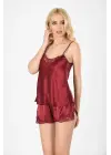 Bordo Saten Babydoll Şortlu Takım - 281