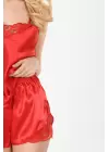 Kırmızı Saten Babydoll Şortlu Takım - 282