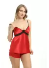 Kırmızı Saten Babydoll Şortlu Takım - 314