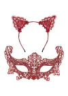 Romantik Kırmızı Dantel Maske Seti – Kedi Kulaklı Taç Ve Maske 3 No