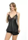 Siyah Saten Babydoll Şortlu Takım - 305