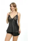 Siyah Saten Babydoll Şortlu Takım - 305