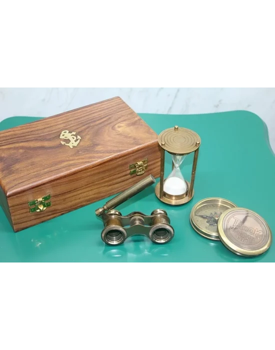 Ahşap Kutulu Pirinç Pusula,kumsaati,dürbün Seti 15682